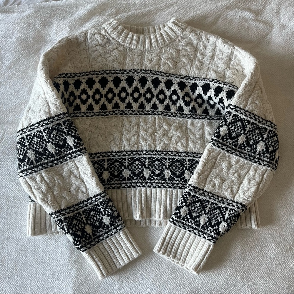 Mango Fair Isle Black Cream White Boxy Sweater M